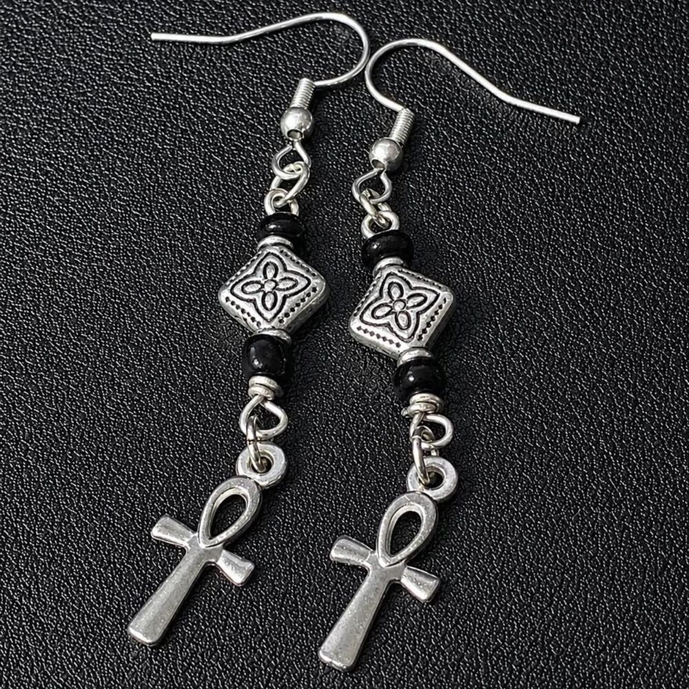 Tiny Cute Little Silver Ankh Drop Earrings